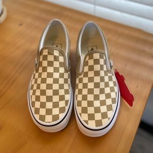 Khaki Checkered Vans Slip Ons, Size 8.5, Never Worn